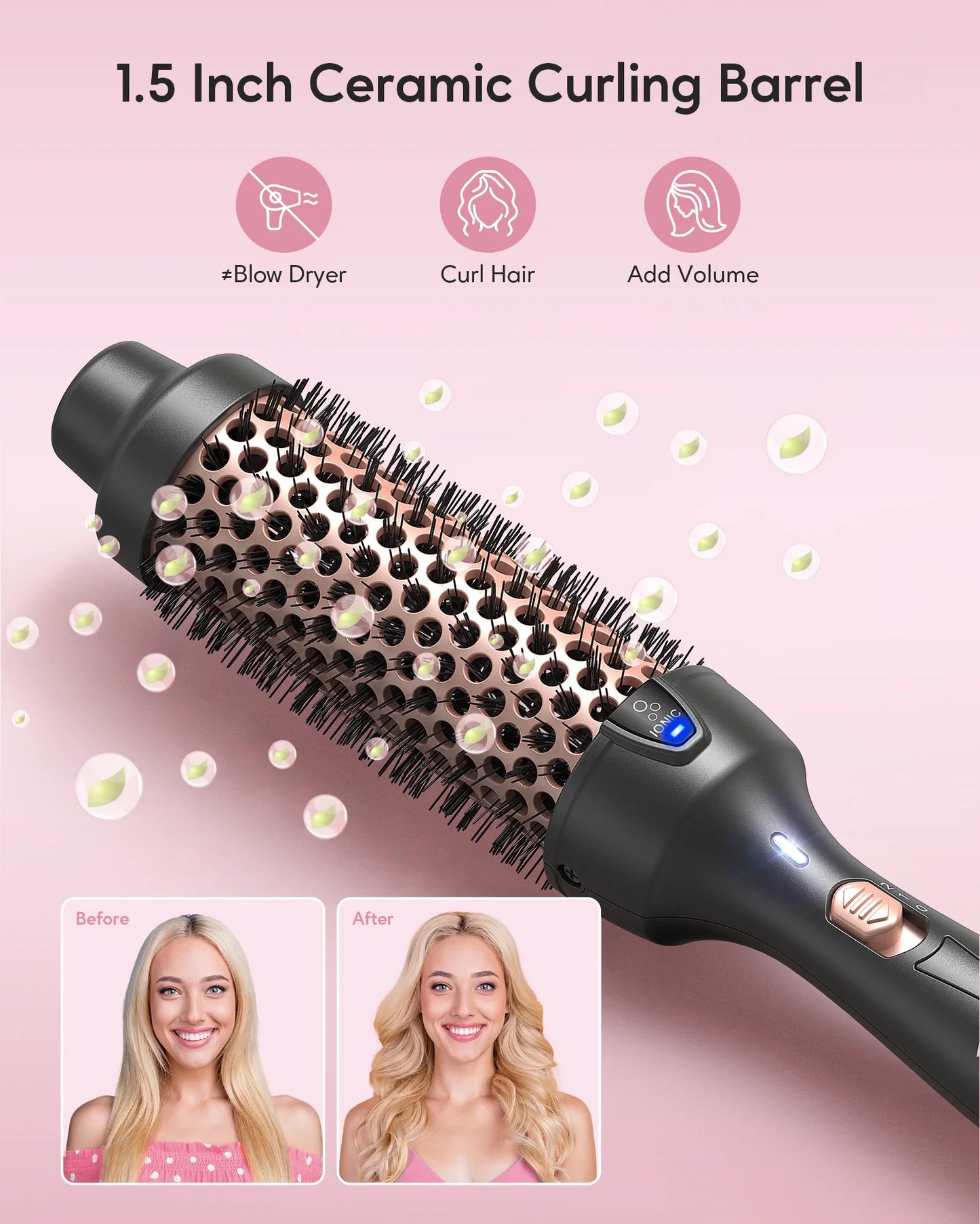 Rose Gold Ionic Thermal Brush - Achieve Effortless Blowout Curls with 1.5 Inch Heated Nylon Brush